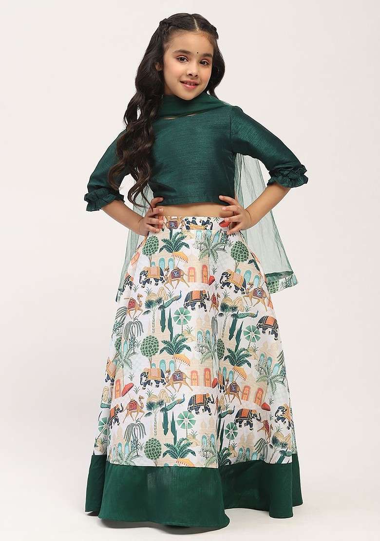 White Printed Cotton Blend Lehenga Choli For Girls - Indya