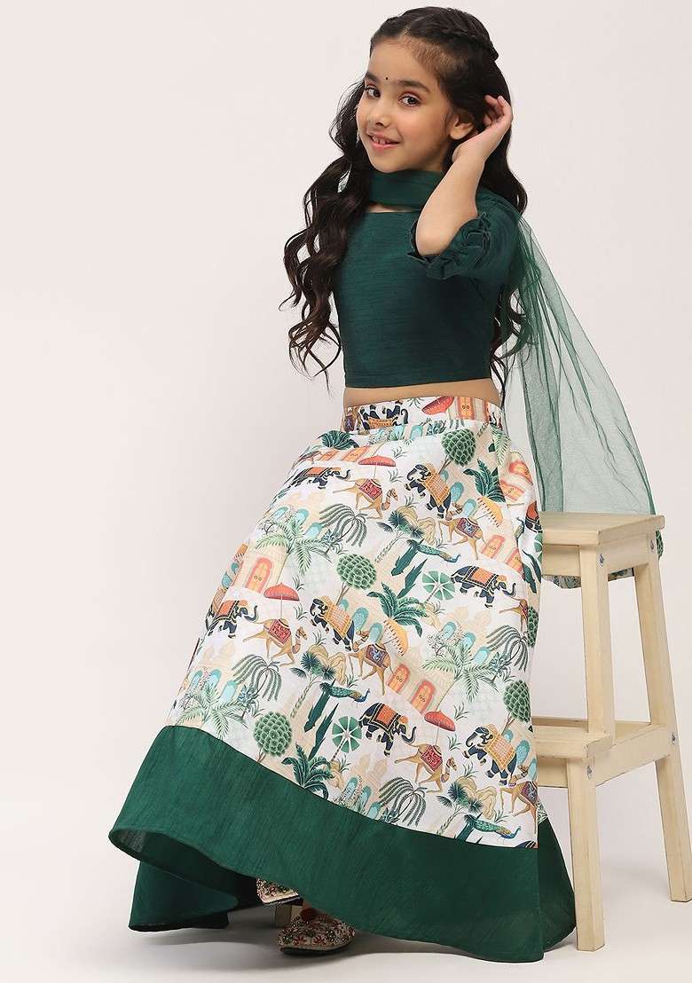 White Printed Cotton Blend Lehenga Choli For Girls - Indya
