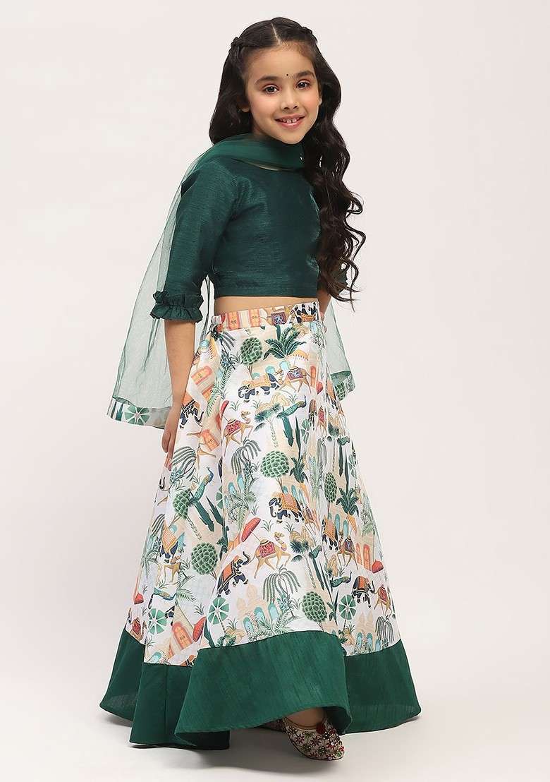 White Printed Cotton Blend Lehenga Choli For Girls - Indya