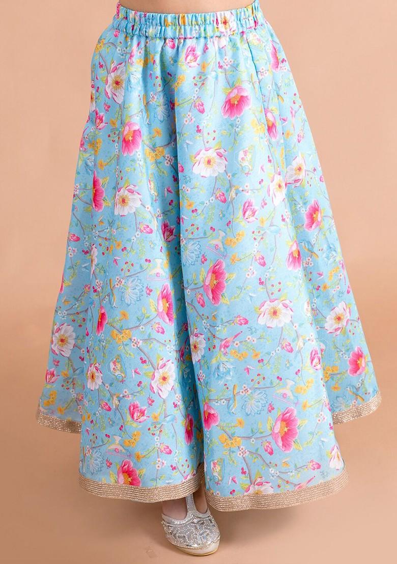 Blue Printed Blended Lehenga Choli For Girls - Indya