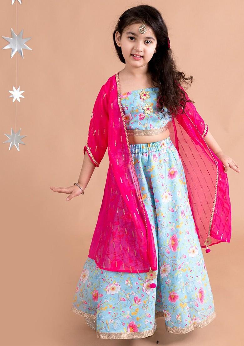 Blue Printed Blended Lehenga Choli For Girls - Indya