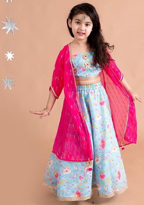 Blue Printed Blended Lehenga Choli For Girls
