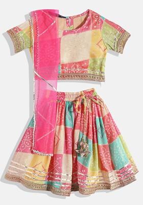 Pink Printed Blended Lehenga Choli For Girls