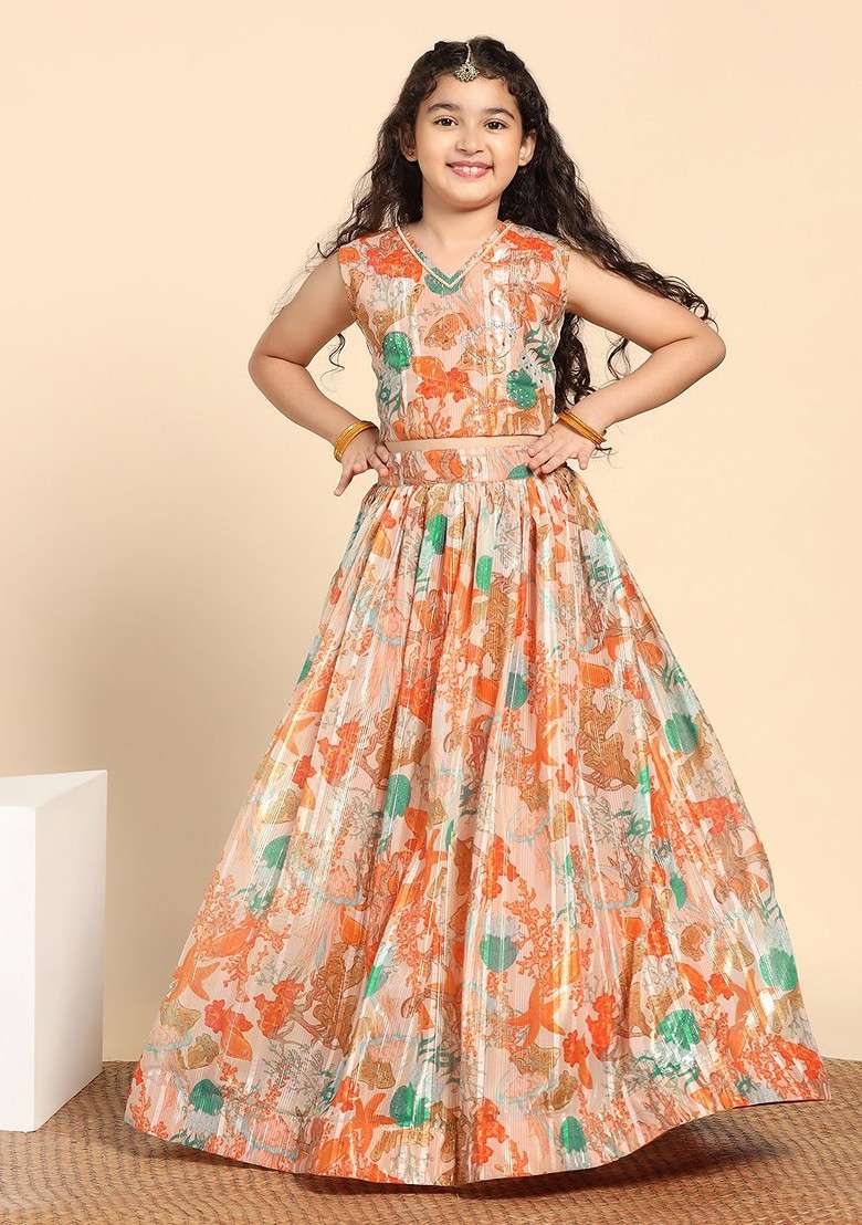 Orange Printed Georgette Lehenga Choli For Girls - Indya