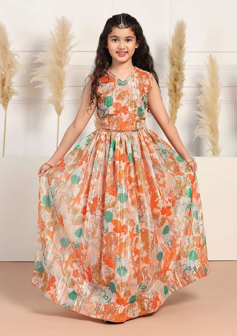 Orange Printed Georgette Lehenga Choli For Girls - Indya