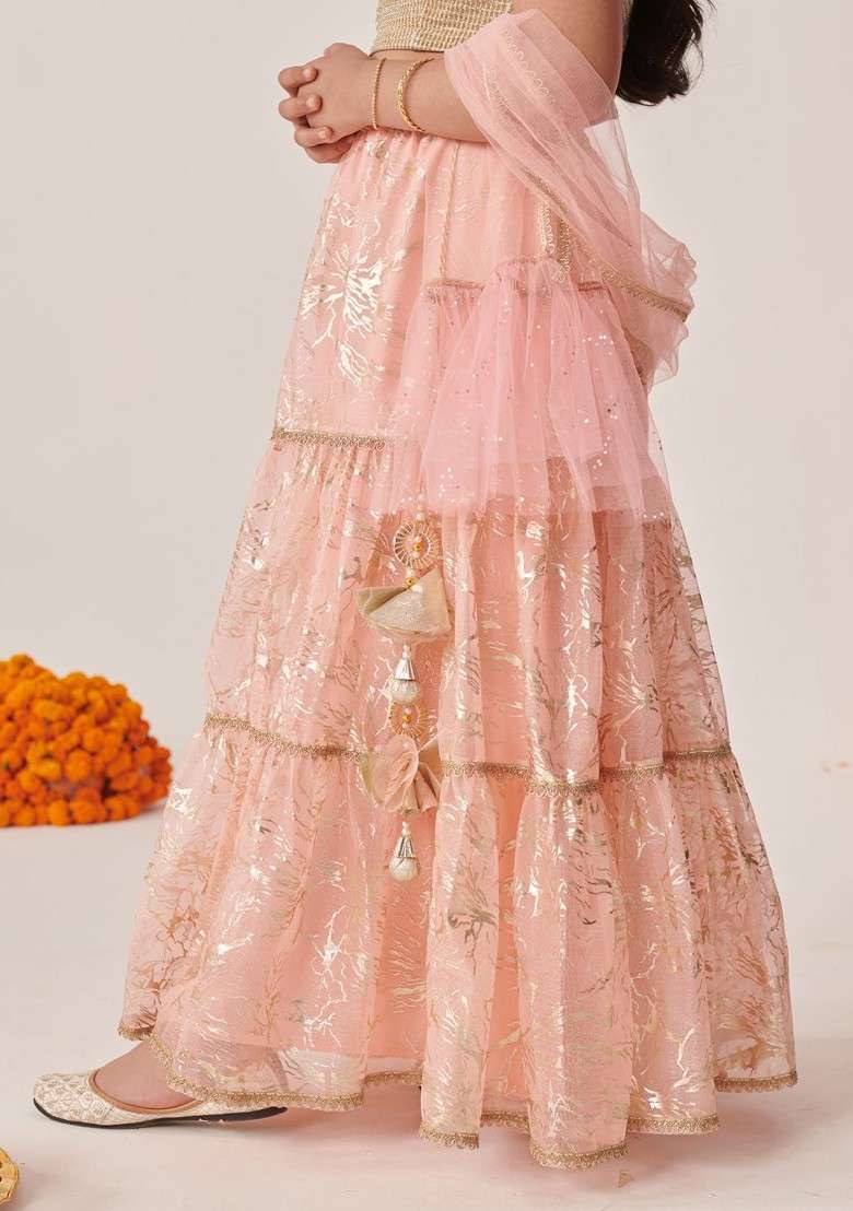 Peach Printed Blended Lehenga Choli For Girls - Indya