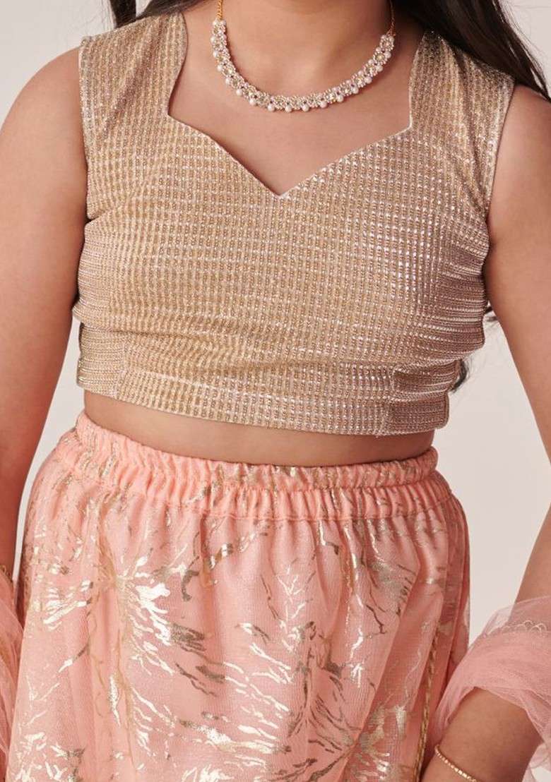 Peach Printed Blended Lehenga Choli For Girls - Indya