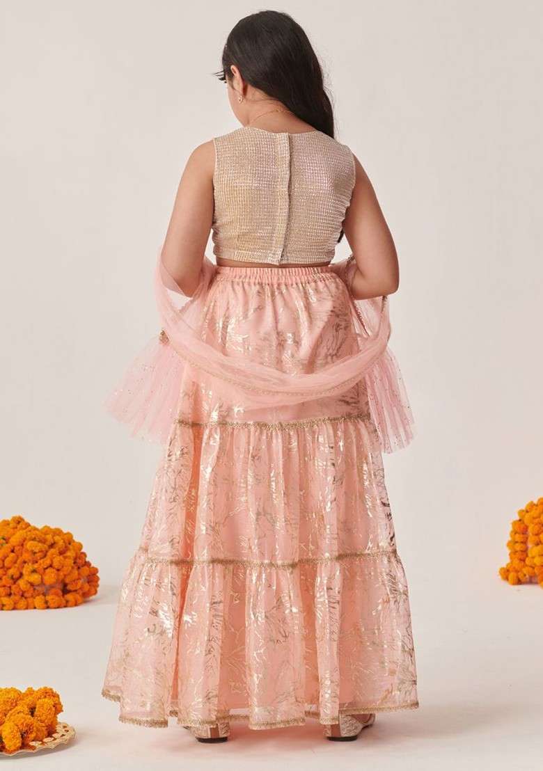 Peach Printed Blended Lehenga Choli For Girls - Indya
