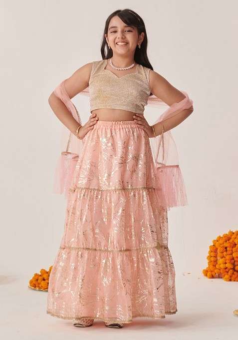 Peach Printed Blended Lehenga Choli For Girls
