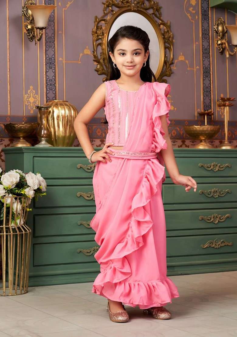 Pink Embellished Blended Lehenga Choli For Girls - Indya