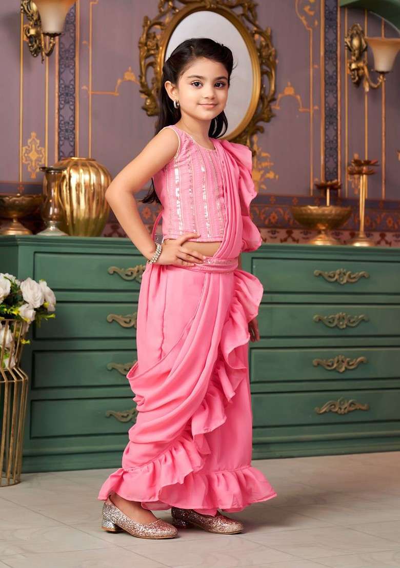 Pink Embellished Blended Lehenga Choli For Girls - Indya