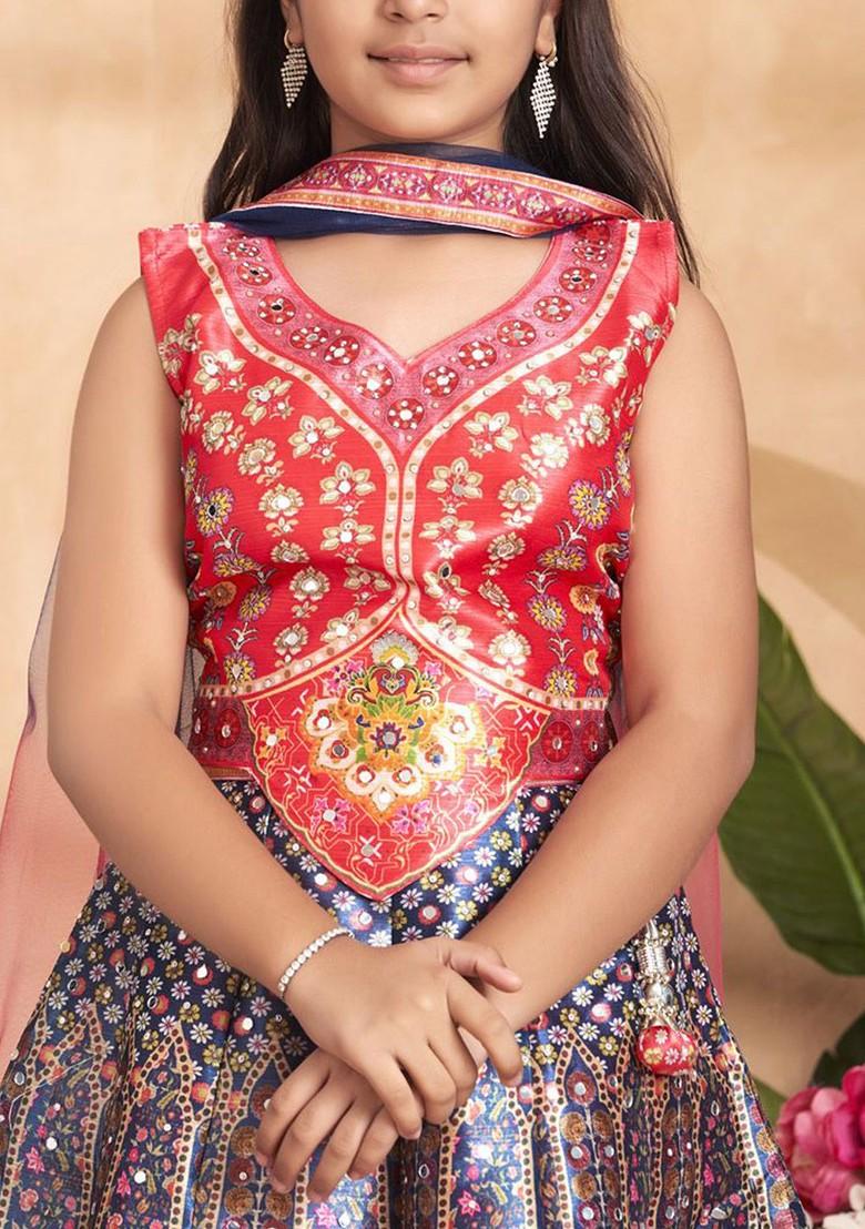 Red Printed Blended Lehenga Choli For Girls - Indya
