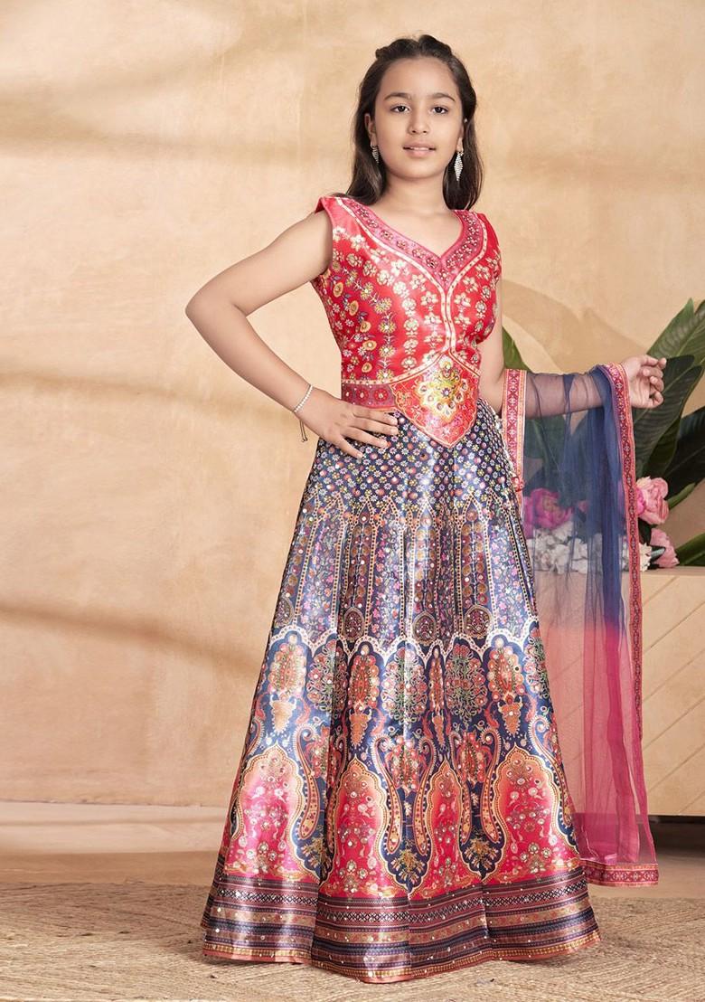 Red Printed Blended Lehenga Choli For Girls - Indya