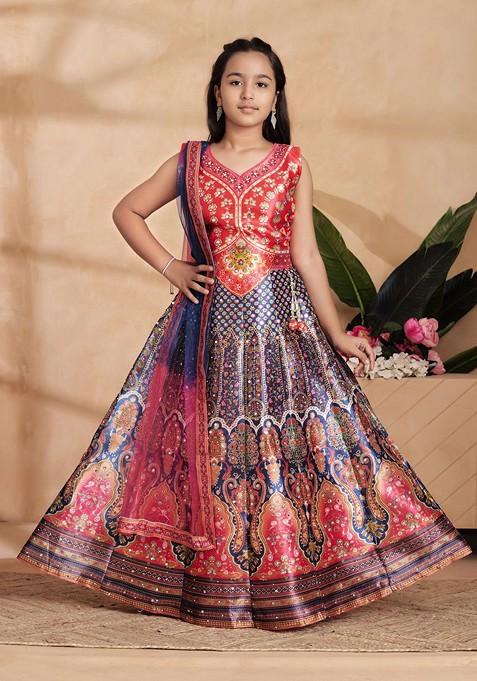 Red Printed Blended Lehenga Choli For Girls — view on Indya