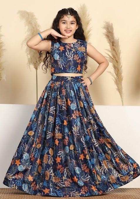 Blue Printed Georgette Lehenga Choli For Girls — view on Indya