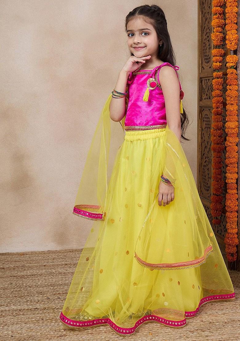 Yellow Embroidered Blended Lehenga Choli For Girls - Indya