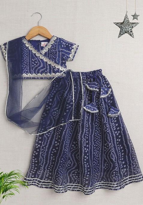 Navy Blue Printed Cotton Blend Lehenga Choli For Girls — view on Indya