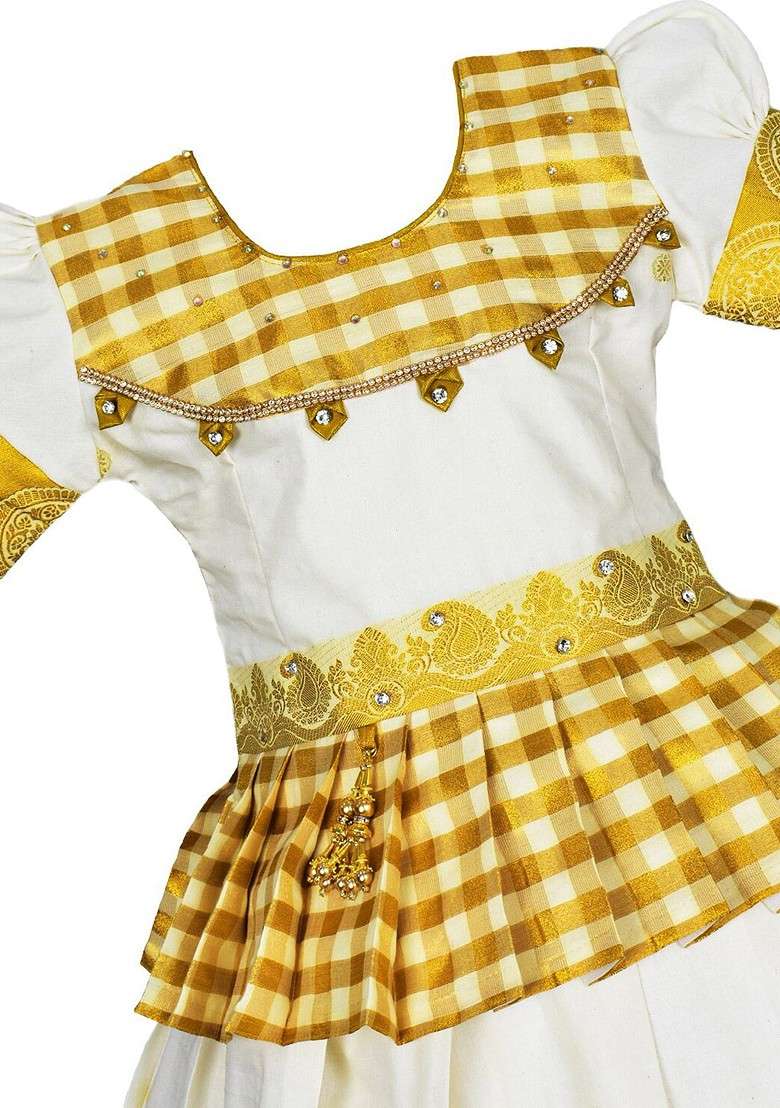 Cream Zari Cotton Blend Lehenga Choli For Girls - Indya