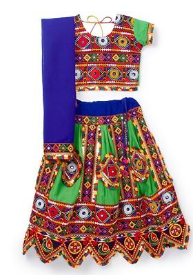 Green Embroidered Blended Lehenga Choli For Girls