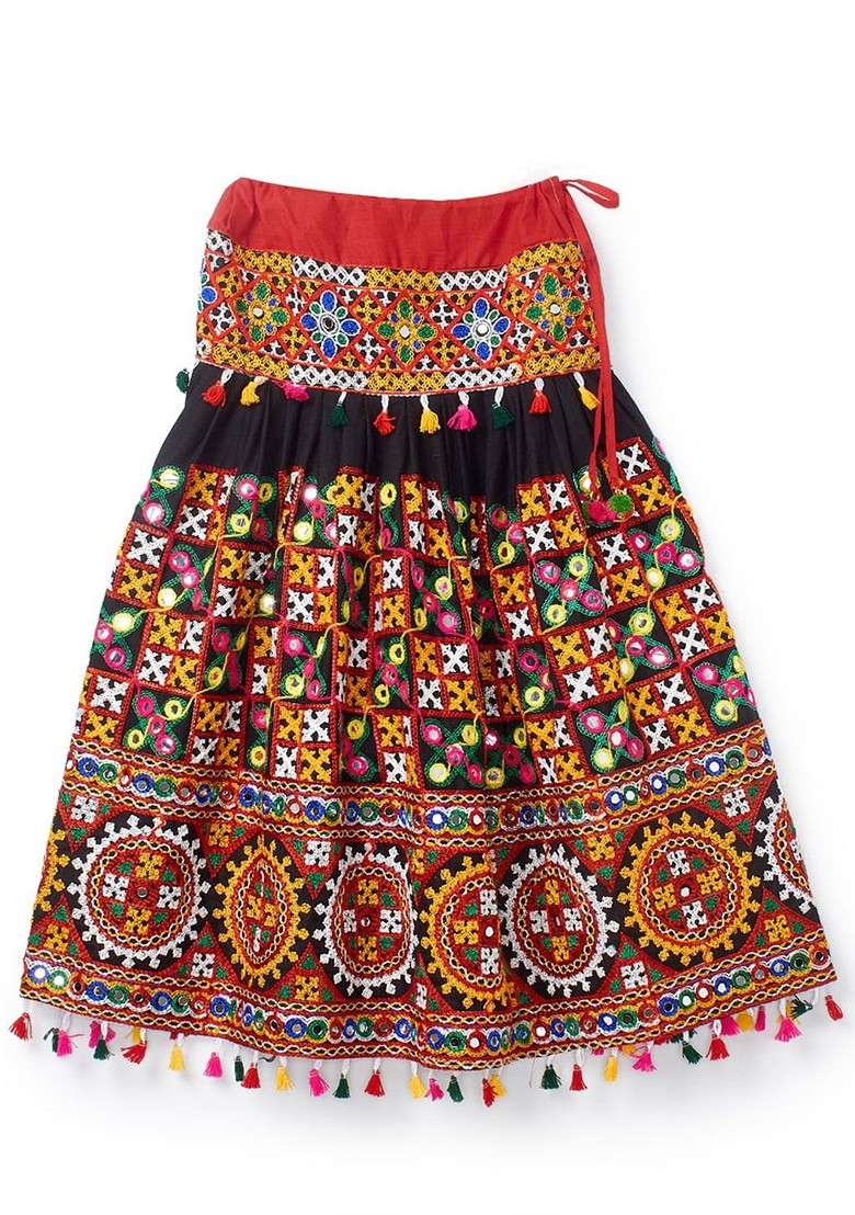 Black Embroidered Cotton Blend Lehenga Choli For Girls - Indya