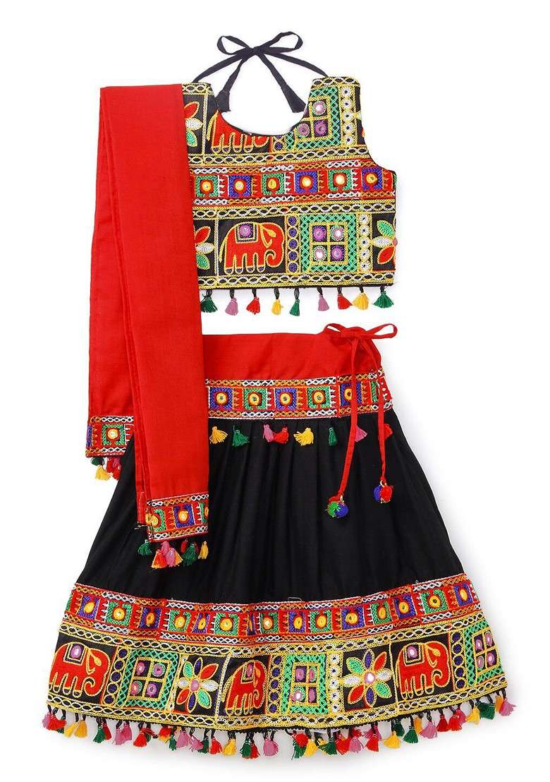 Black Embroidered Cotton Blend Lehenga Choli For Girls - Indya