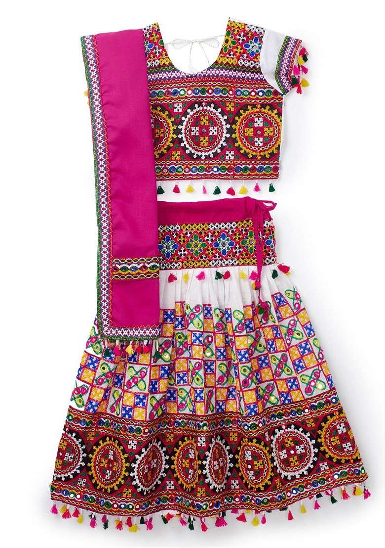 White Embroidered Cotton Blend Lehenga Choli For Girls - Indya