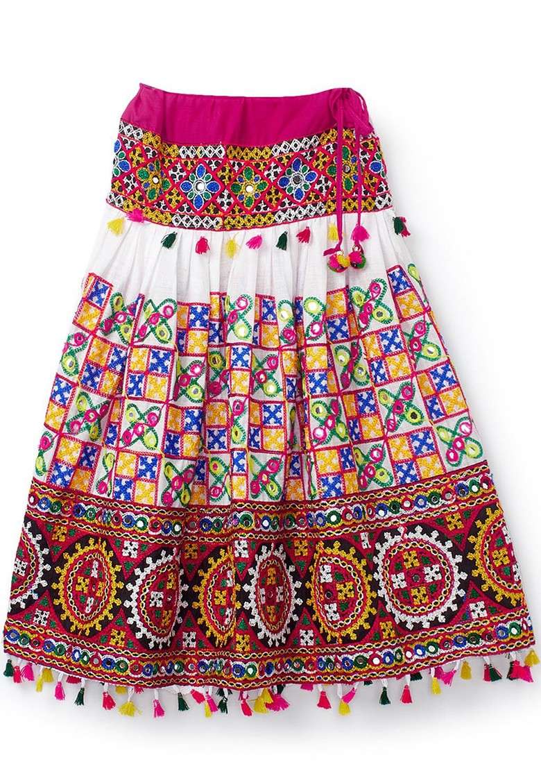 White Embroidered Cotton Blend Lehenga Choli For Girls - Indya