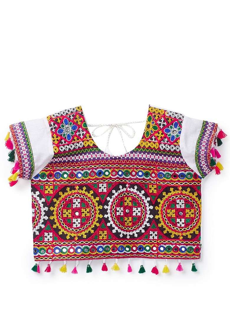 White Embroidered Cotton Blend Lehenga Choli For Girls - Indya