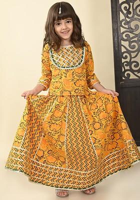Yellow Printed Cotton Blend Lehenga Choli For Girls