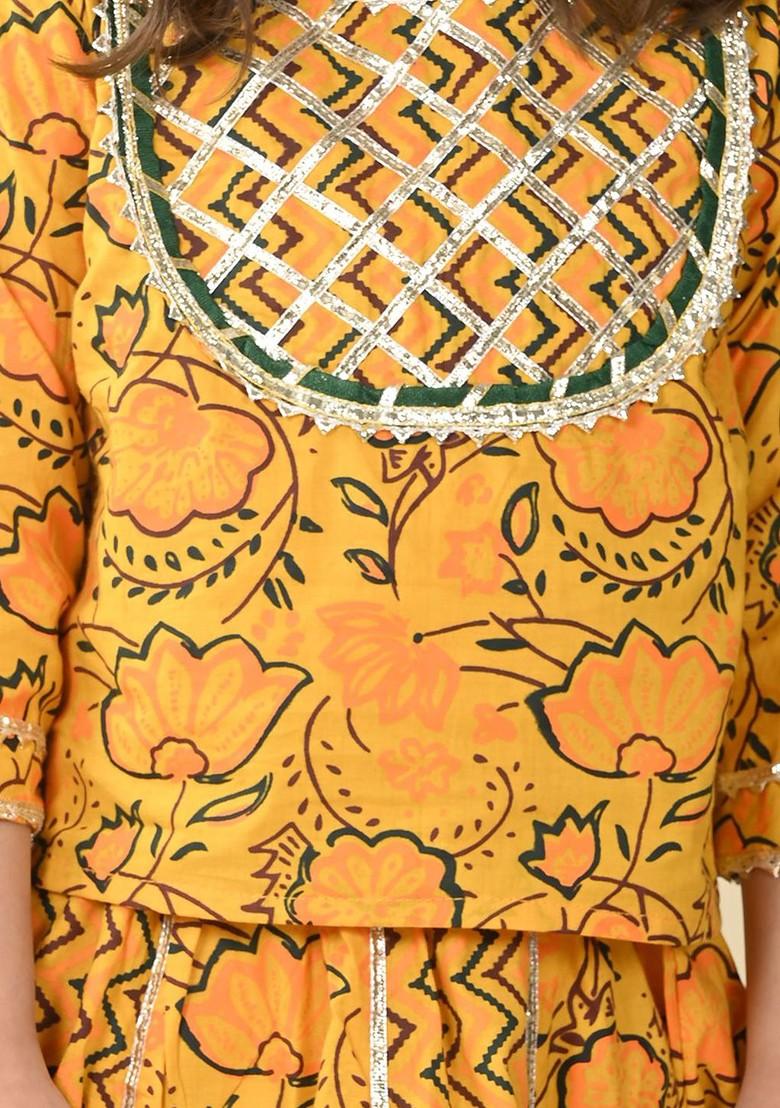 Yellow Printed Cotton Blend Lehenga Choli For Girls - Indya