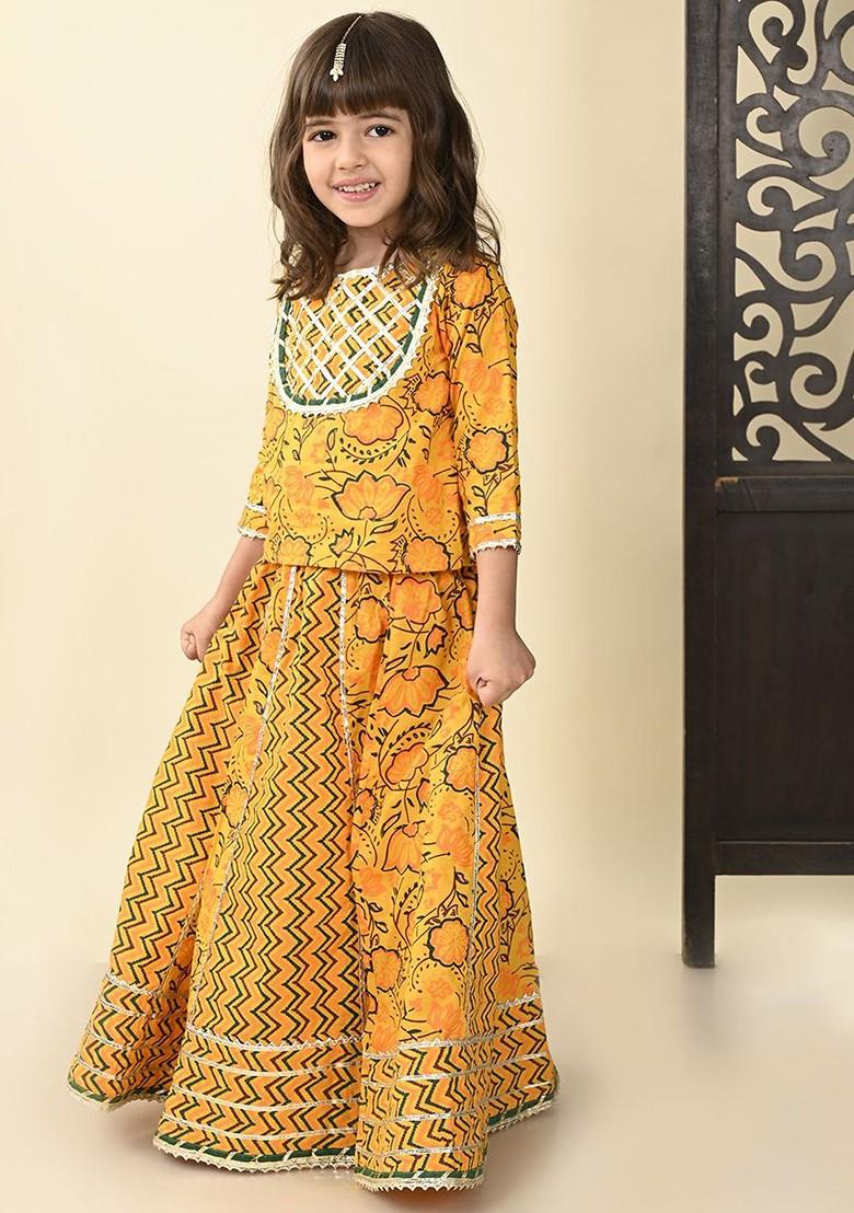 Yellow Printed Cotton Blend Lehenga Choli For Girls - Indya