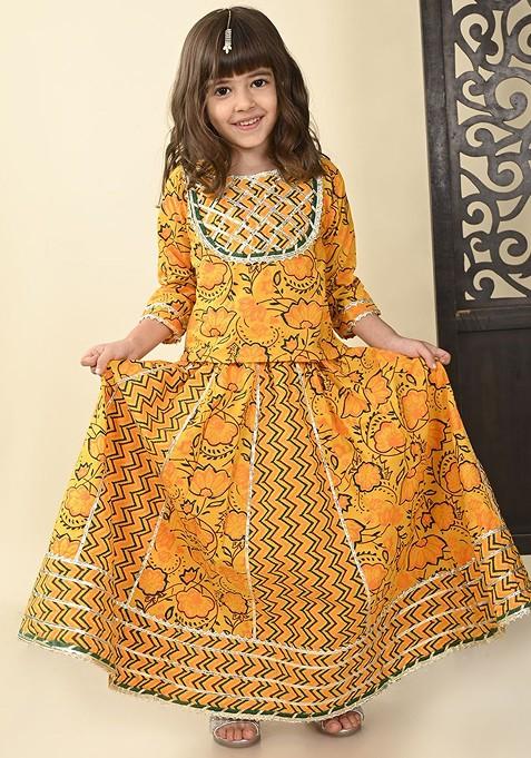 Yellow Printed Cotton Blend Lehenga Choli For Girls — view on Indya