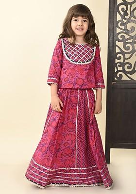 Pink Printed Cotton Blend Lehenga Choli For Girls