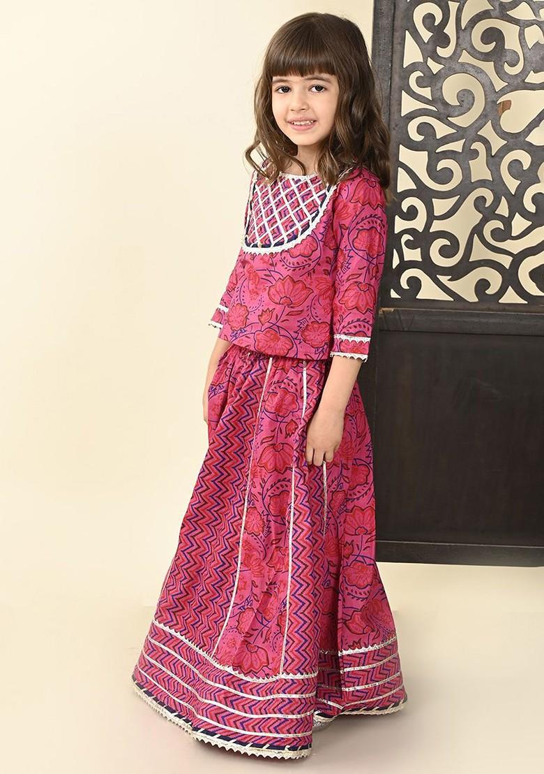 Pink Printed Cotton Blend Lehenga Choli For Girls - Indya