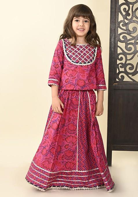 Pink Printed Cotton Blend Lehenga Choli For Girls — view on Indya