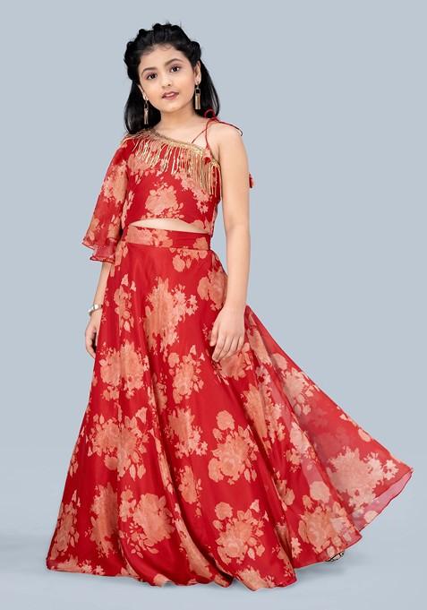 Red Printed Blended Lehenga Choli For Girls — view on Indya