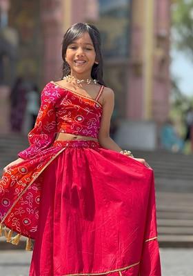 Red Printed Blended Lehenga Choli For Girls