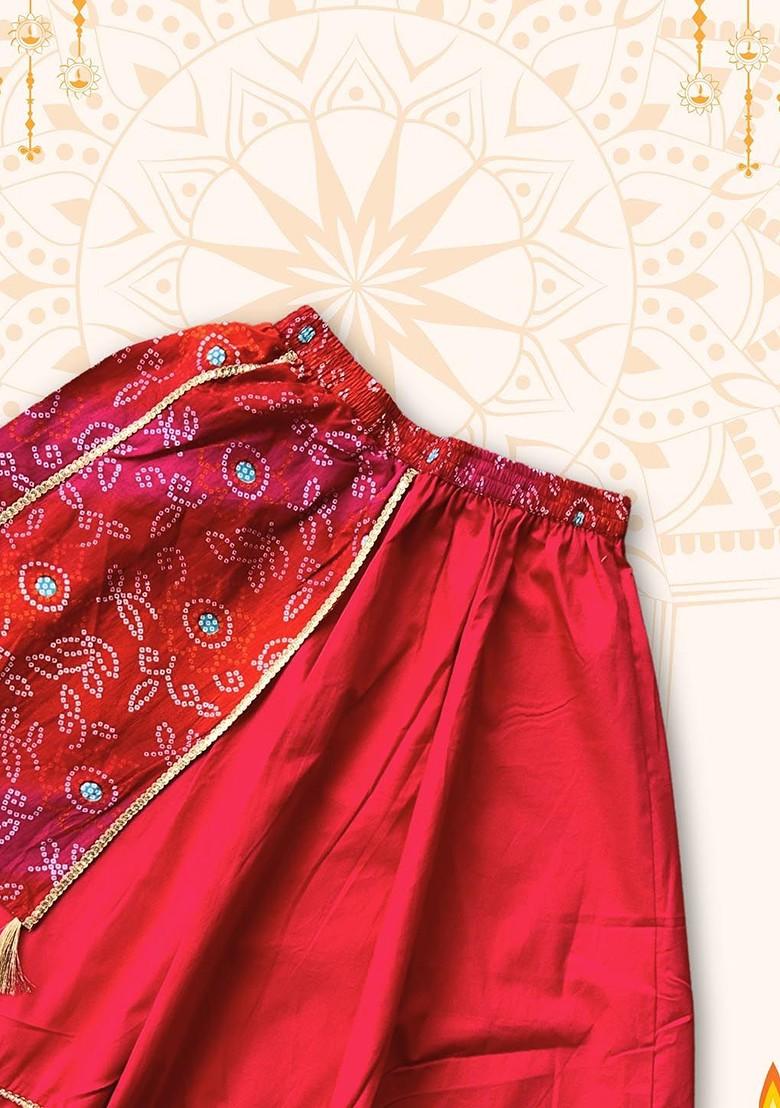 Red Printed Blended Lehenga Choli For Girls - Indya