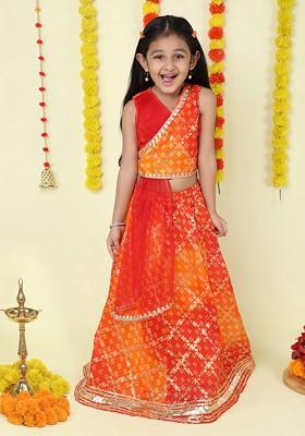 Red Printed Blended Lehenga Choli For Girls