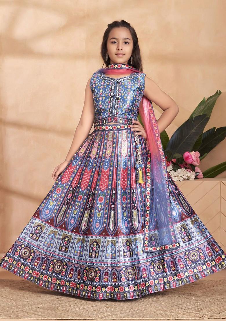 Turquoise Blue Printed Blended Lehenga Choli For Girls - Indya
