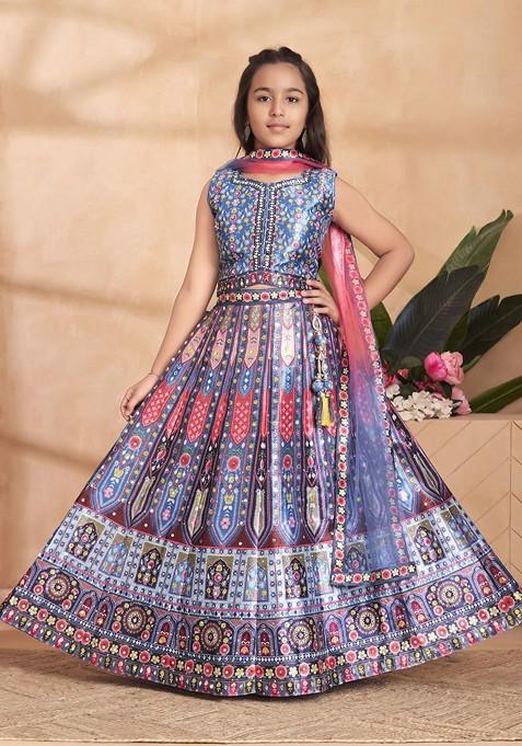 Turquoise Blue Printed Blended Lehenga Choli For Girls