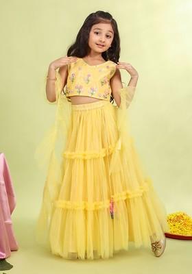 Yellow Printed Blended Lehenga Choli For Girls