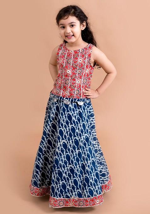 Blue Printed Blended Lehenga Choli For Girls