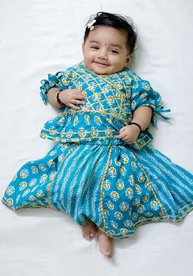Blue Printed Cotton Blend Lehenga Choli For Girls