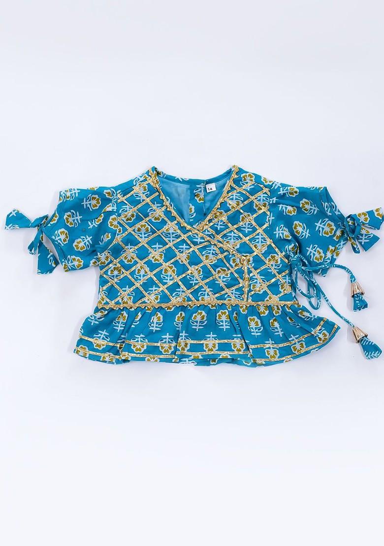 Blue Printed Cotton Blend Lehenga Choli For Girls - Indya