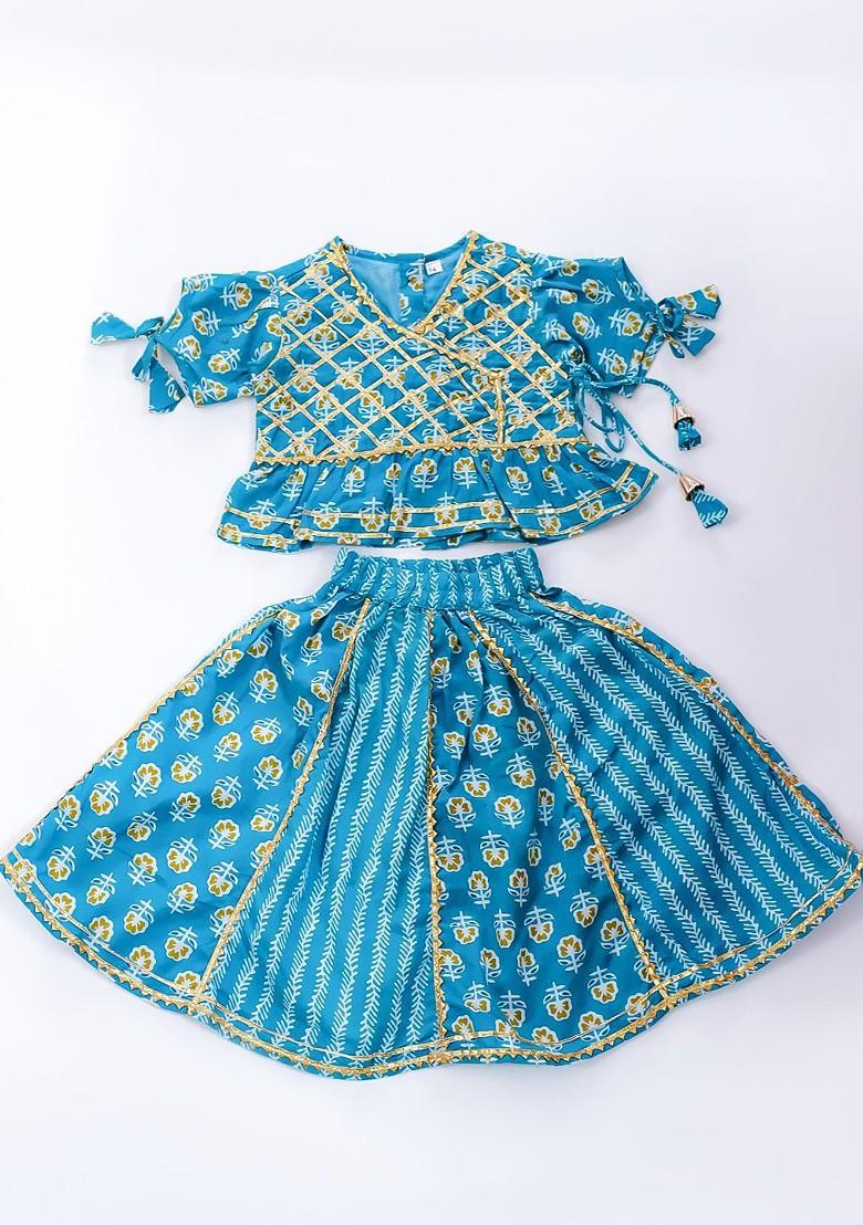 Blue Printed Cotton Blend Lehenga Choli For Girls - Indya