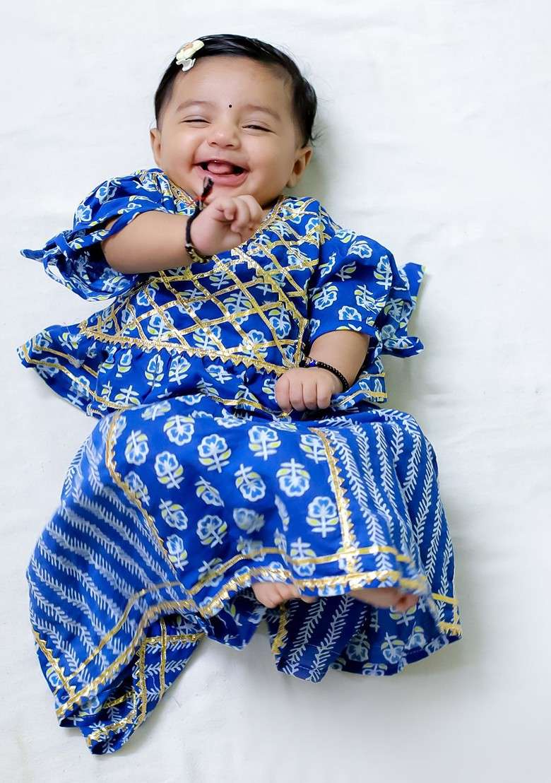 Blue Printed Cotton Blend Lehenga Choli For Girls - Indya