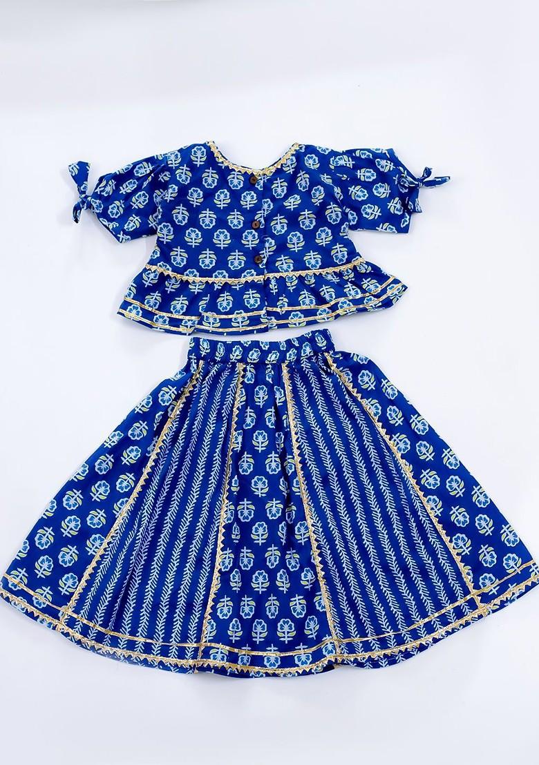 Blue Printed Cotton Blend Lehenga Choli For Girls - Indya