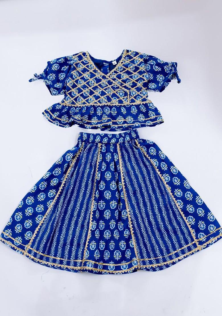 Blue Printed Cotton Blend Lehenga Choli For Girls - Indya