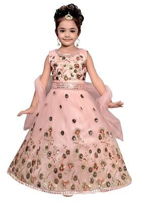 Pink Embellished Blended Lehenga Choli For Girls